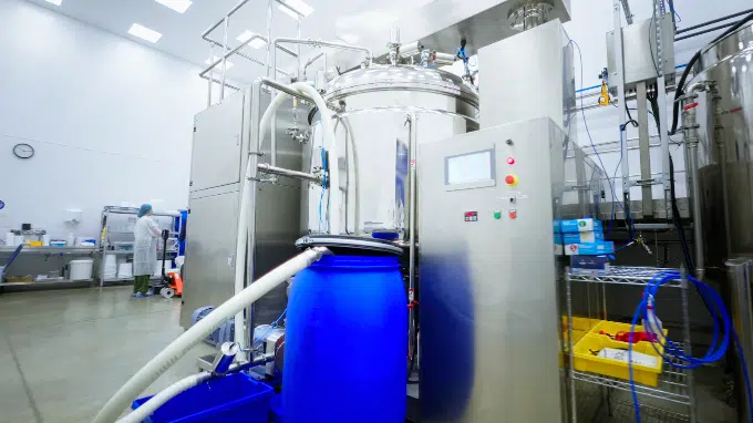 Industrial area with silicone tubing and blue barrels